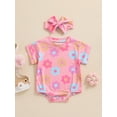 thumbnail image 5 of Aojekbee Baby Girls Summer Casual Romper Short Sleeve O Neck Floral Print Romper with Headband, 5 of 10