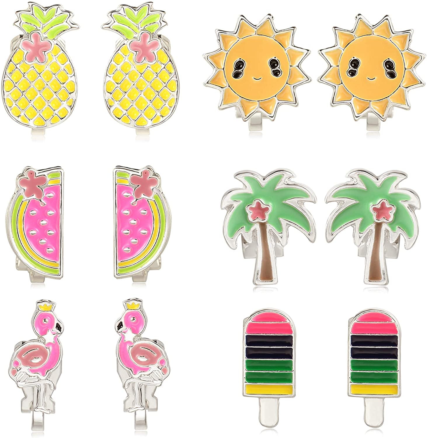 PinkSheep 6 Pairs Clip On Earrings for Little Girls, Hawaiian Sun Pineapple Watermelon Ice Cream Earrings for Kids Child