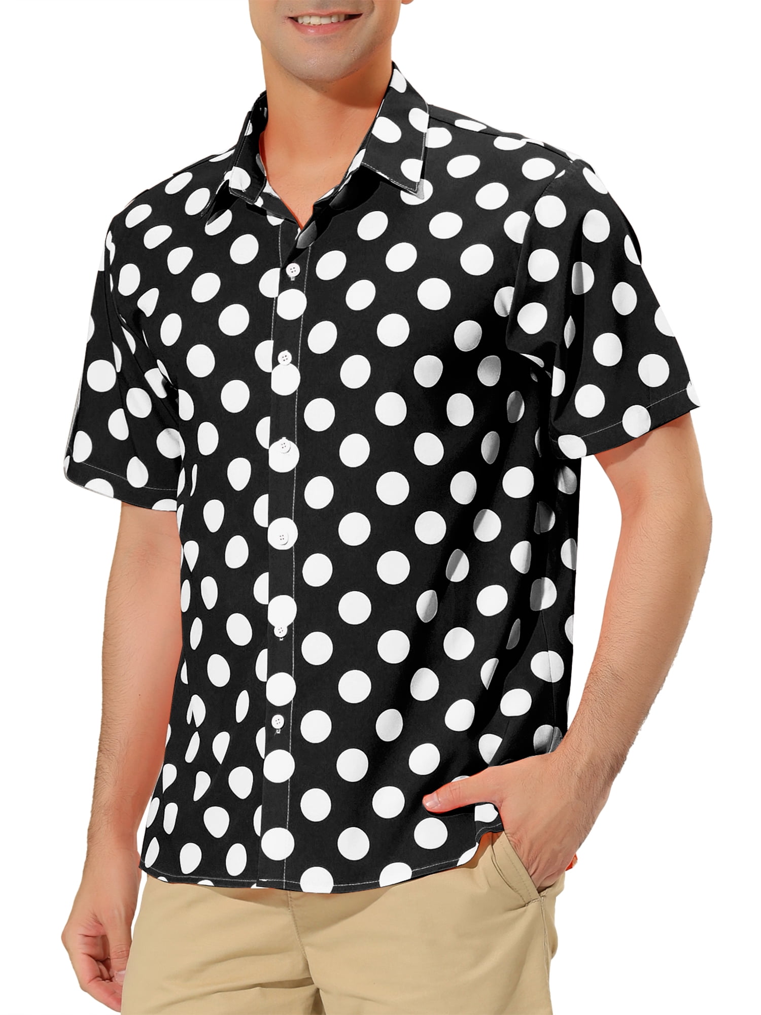 Unique Bargains Men's Summer Polka Dots Shirt Button Down Short Sleeves Shirts S Black