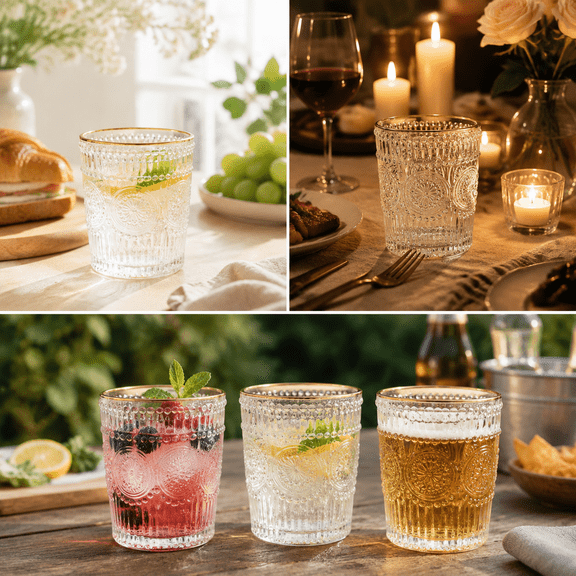 Liujiale 300ml Vintage Water Glasses, Romantic Drinking Glasses, Glassware Set for Juice, Beverages, Beer, CocktailAmber