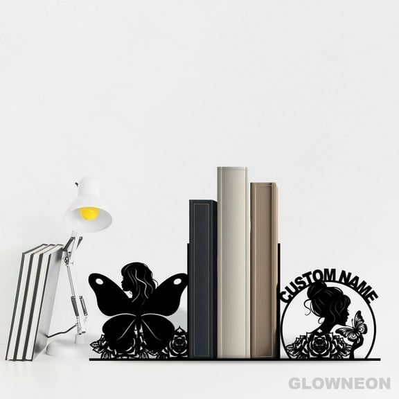 Glowneon Personalized Girl Rose Butterfly Bookend Book Nook Metal Art