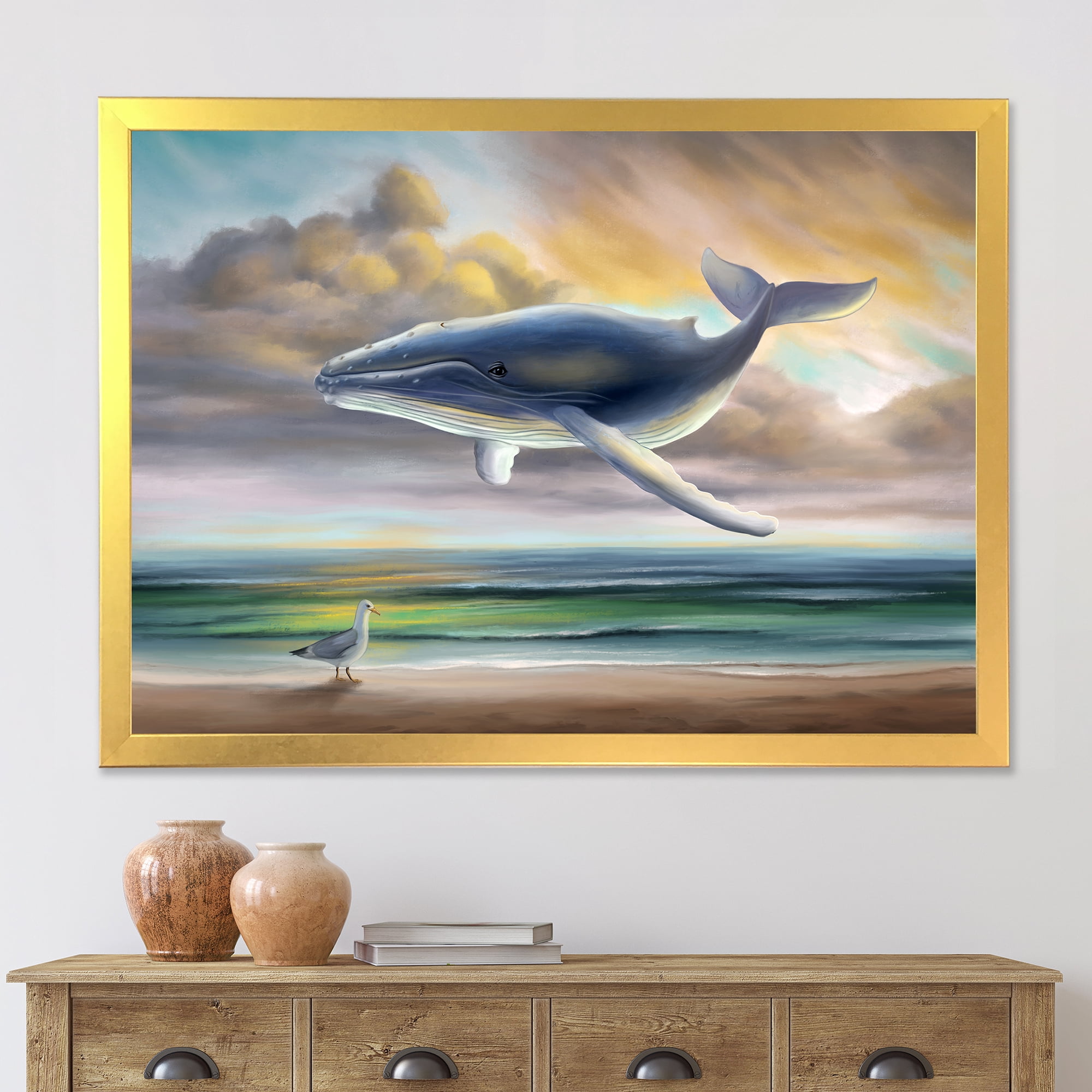 Designart 'Whale Floating In The Sky Over Beach' Children's Art Framed Art Print