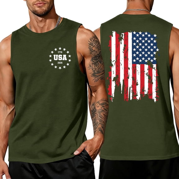 4th of July American Flag Patriotic Tank Top Shirts Mens Muscle Sleeveless Graphic Gym Workout Shirt