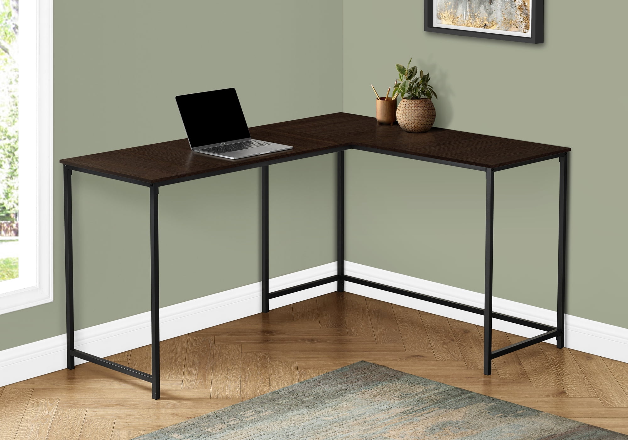 58 Inch Espresso Brown L Shaped Computer Desk with Black Metal Frame