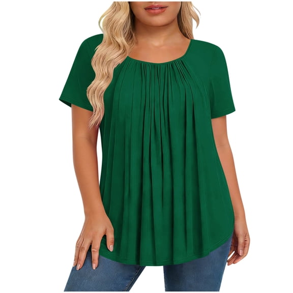 ClodeEU Women's Round Neck Short Sleeve Pleated Flowy Tunic Top,Casual Loose Curved Hem Blouse Army Green,Women's Plus L