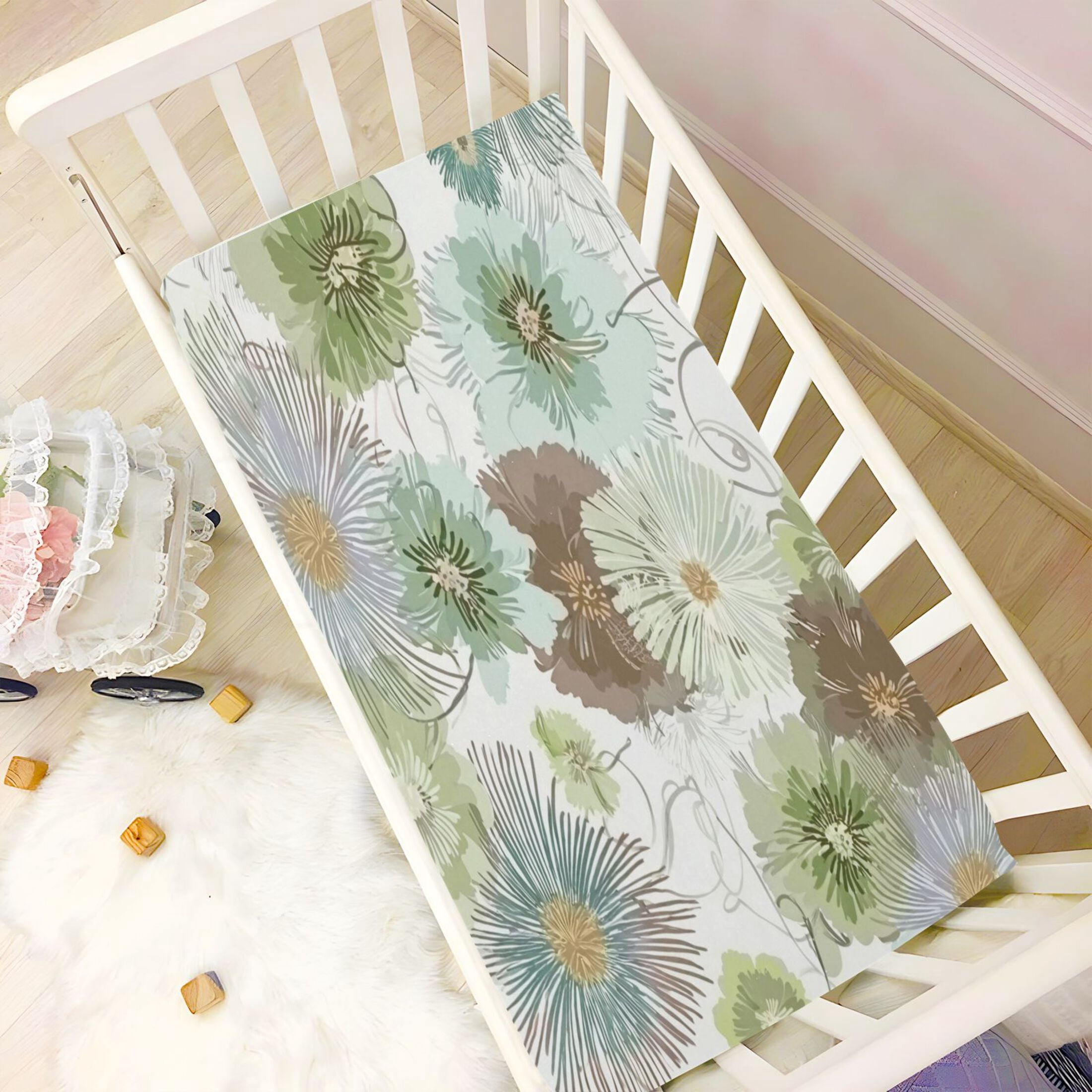 Baby Essentials 52”x 28”- Standard Cotton-like Modal Elastic- Abstract Flowers Design Crib Sheets for Newborns and Toddlers