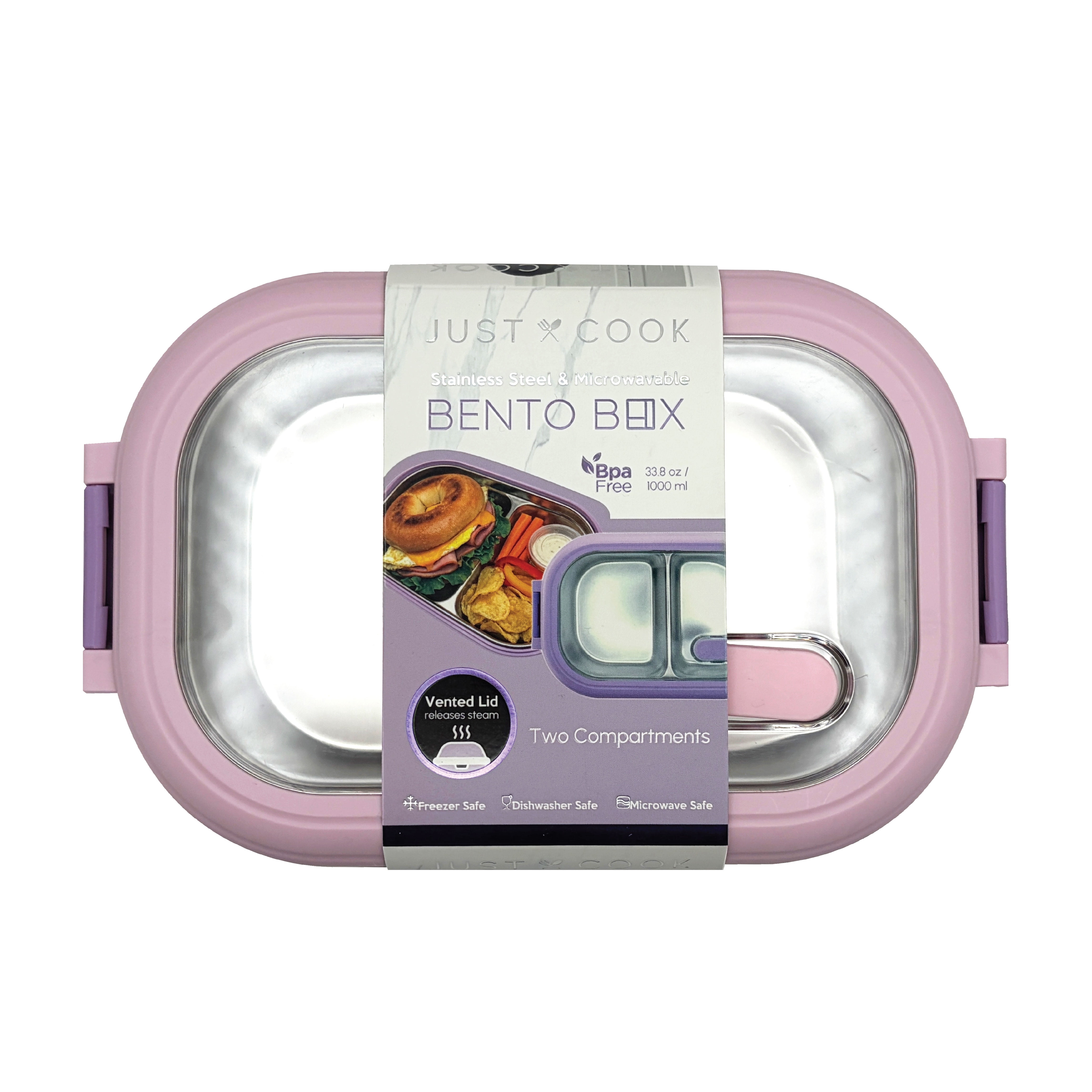 Just Cook Purple 1000 ml 2 Section Microwave Safe Stainless Steel Bento Box