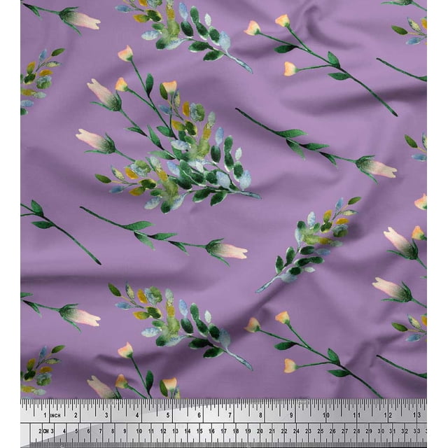 Soimoi Purple polyester Crepe Fabric Leaves & Tulip Floral Printed Fabric 1 Yard 42 Inch Wide
