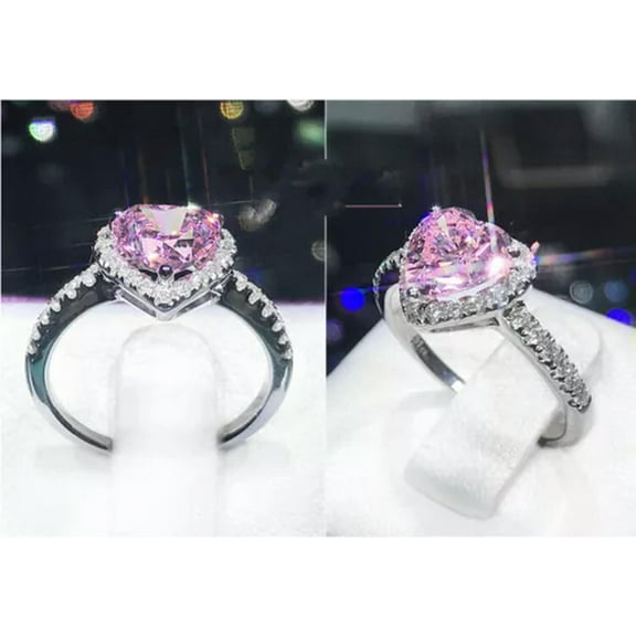 GKNET Natural Crystal Zircon Women 925 Sterling Silver Heart Ring Size 5-10 3 Color-Pink-9