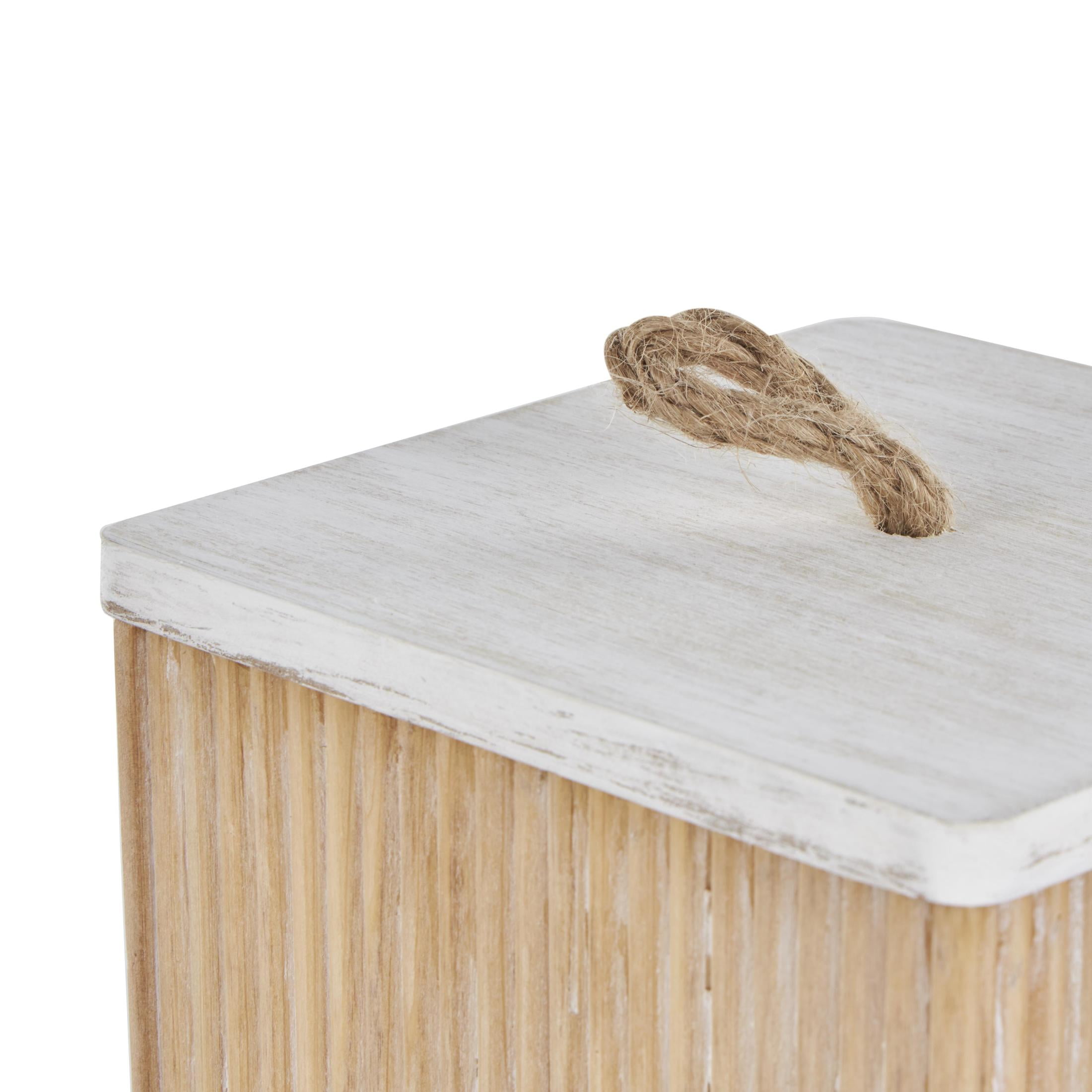 DecMode Washed Ribbed Storage Brown Wooden Decorative Box with White Lids and Rope Handles, 2 Count