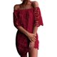 thumbnail image 1 of Mini vestido elegante holgado de manga corta con encaje floral vintage y hombros descubiertos para mujer Adepaton WRMH-229-16, 1 of 4