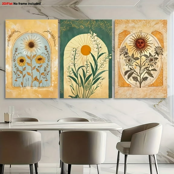 Set of 3 Bohemian Minimalist Canvas Prints - Sun & Botanicals Vintage Folk Art for Indoor Wall Decor (Unframed)