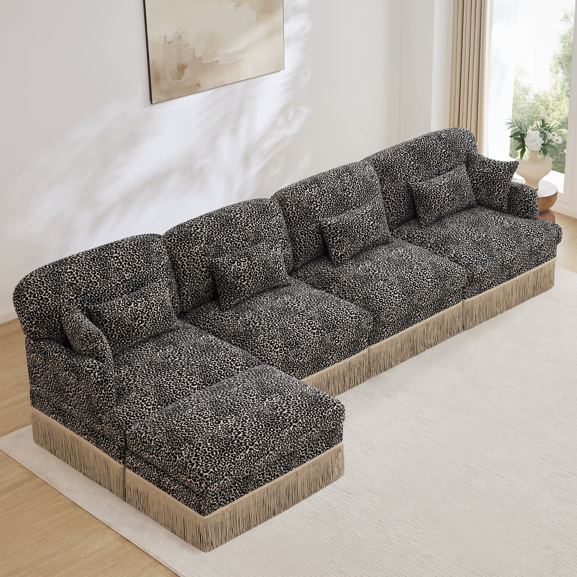 131" Chenille Leopard Tassel Deep Seat L Shape 4 Seater Modular Sofa Couch with 6 Throw Pillows and Ottoman