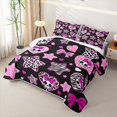 thumbnail image 3 of Feelyou Black Pink Bow Skull Quilt Full, Leopard Print Love Heart Stars Full Bedspread Sets, 3 Pieces, 1 Comforter and 2 Pillowcases, 3 of 7
