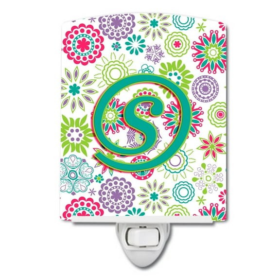 Caroline's Treasures CJ2011-SCNL Letter S Flowers Pink Teal Green Initial Ceramic Night Light, 6x4x3", multicolor
