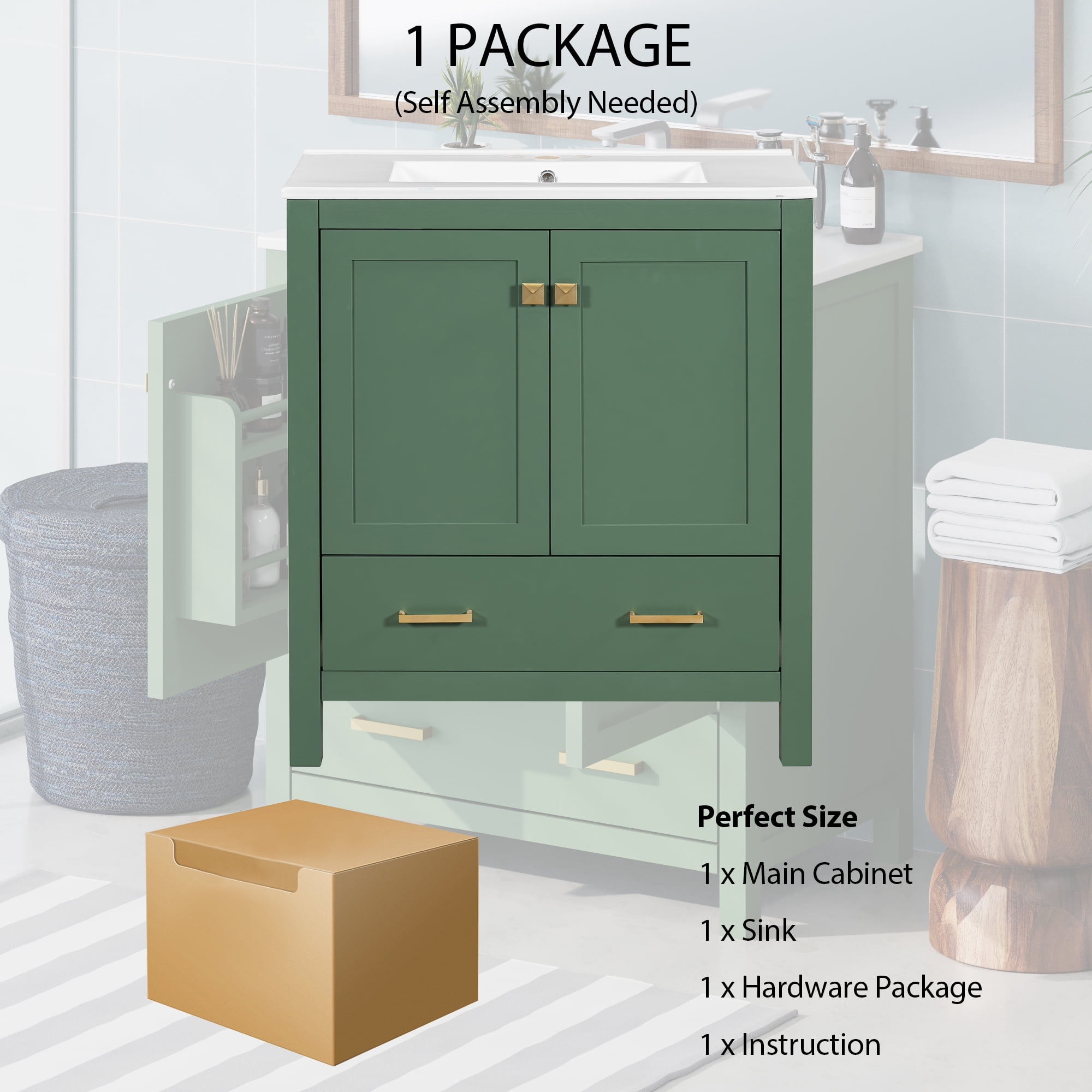 Euroco 30 Inch Green Bathroom Vanity with Single Sink, Combination Under Counter Sink, Bathroom Storage Cabinet with 2 Doors and a Drawer, Soft Closure, Multifunctional Storage