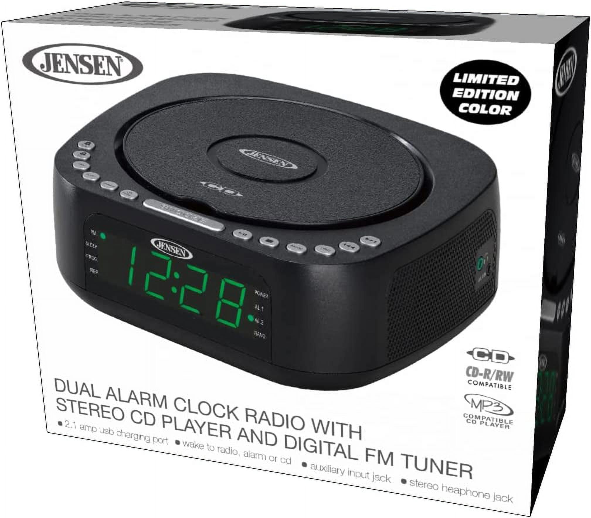 Jensen JCR-375 Audio CD Player Tabletop All-in-one Stereo Dual Alarm Clock Digital FM Radio | Top-Loading CD/MP3/WMA Discs Player | USB Charging Port 2.1A | Headphone Jack | 0.9 Display Green LED