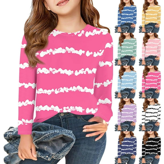Drmagiyhm Girls Long Sleeve Shirts Size 10-12 Casual Crewneck Striped print Shirt Stretchy Basic Fall T-Shirt Kids Comfy Tops 11-12 Years Dark Blue