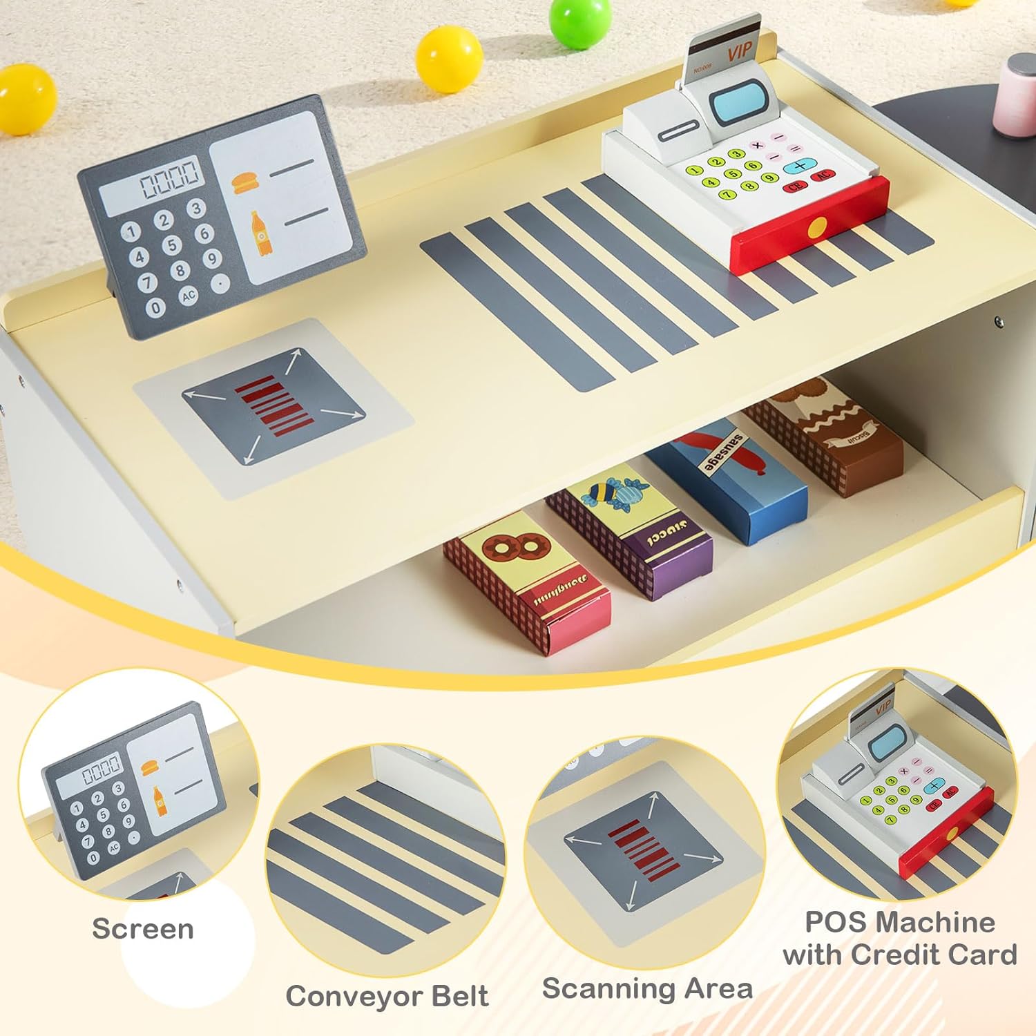 OLAKIDS Kids Grocery Store Playset, Wooden Supermarket Toy Set with Cash Register, Vending Machine, Play Food Accessories, Blackboard, Pretend Play Store Gift for Toddler Boys Girls (Grey)