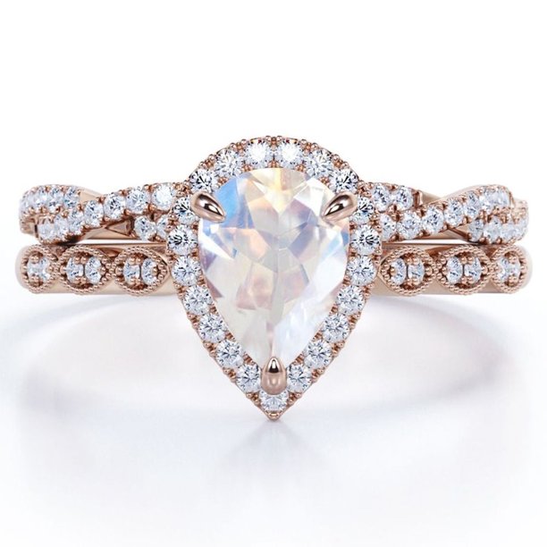 JeenMata Conjunto de Boda con Halo Pavé Cruzado, Filigrana Art Déco Piedra Lunar Arcoíris en Forma de Pera y Moissanita de 1,5 Quilates, Baño de Oro Rosa de 18 K sobre Plata