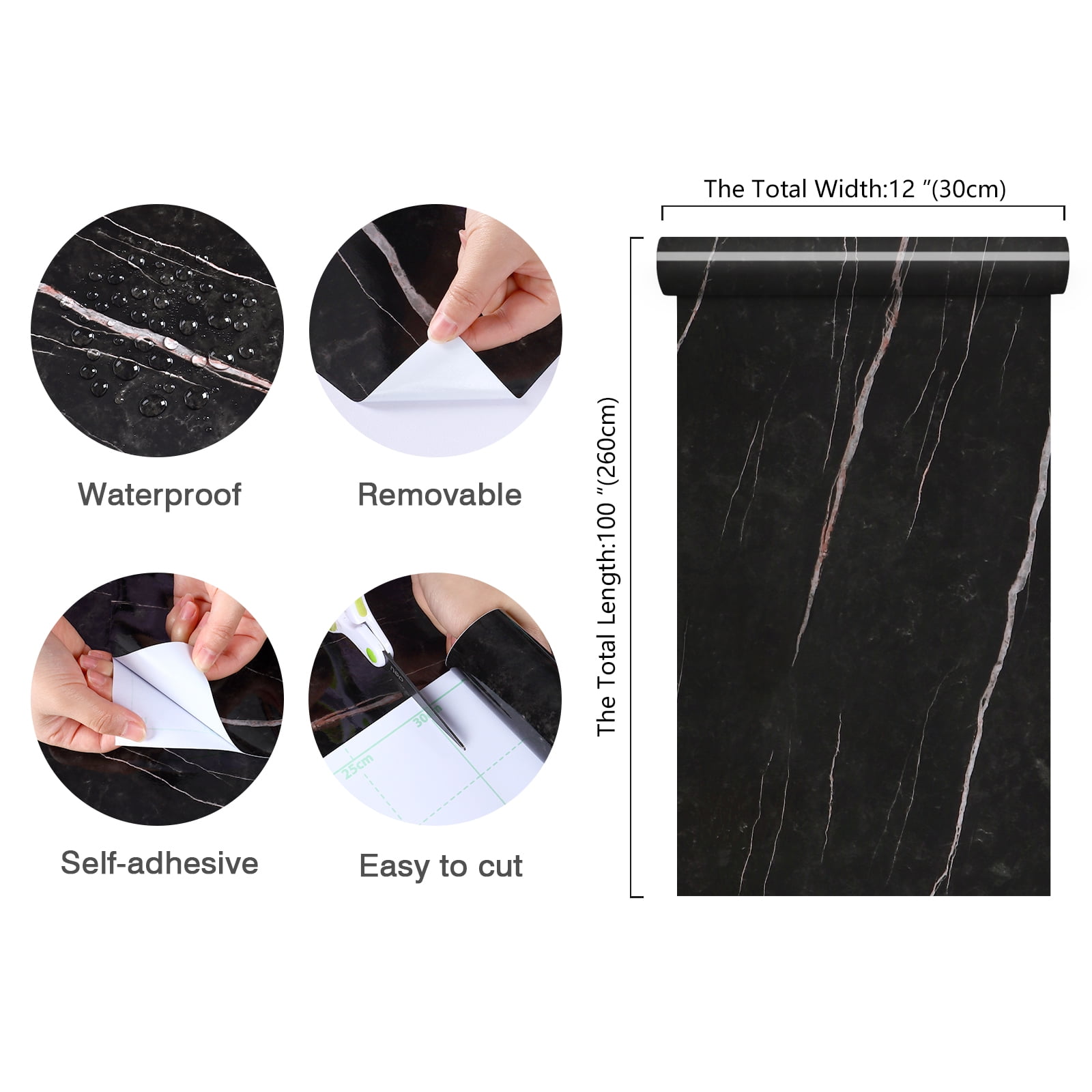 CHIHUT Light Black Marble Contact Paper for Countertop Waterproof Peel and Stick Marble Wallpaper for Bathroom Glossy Wall Paper Self Adhesive Removable Vinyl Roll for Kitchen Cabinet 12"x100"