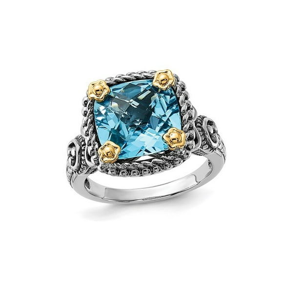 8.50 Carat (Ctw) Cushion-Cut Blue Topaz Ring in Sterling Silver with 14K Gold Accents