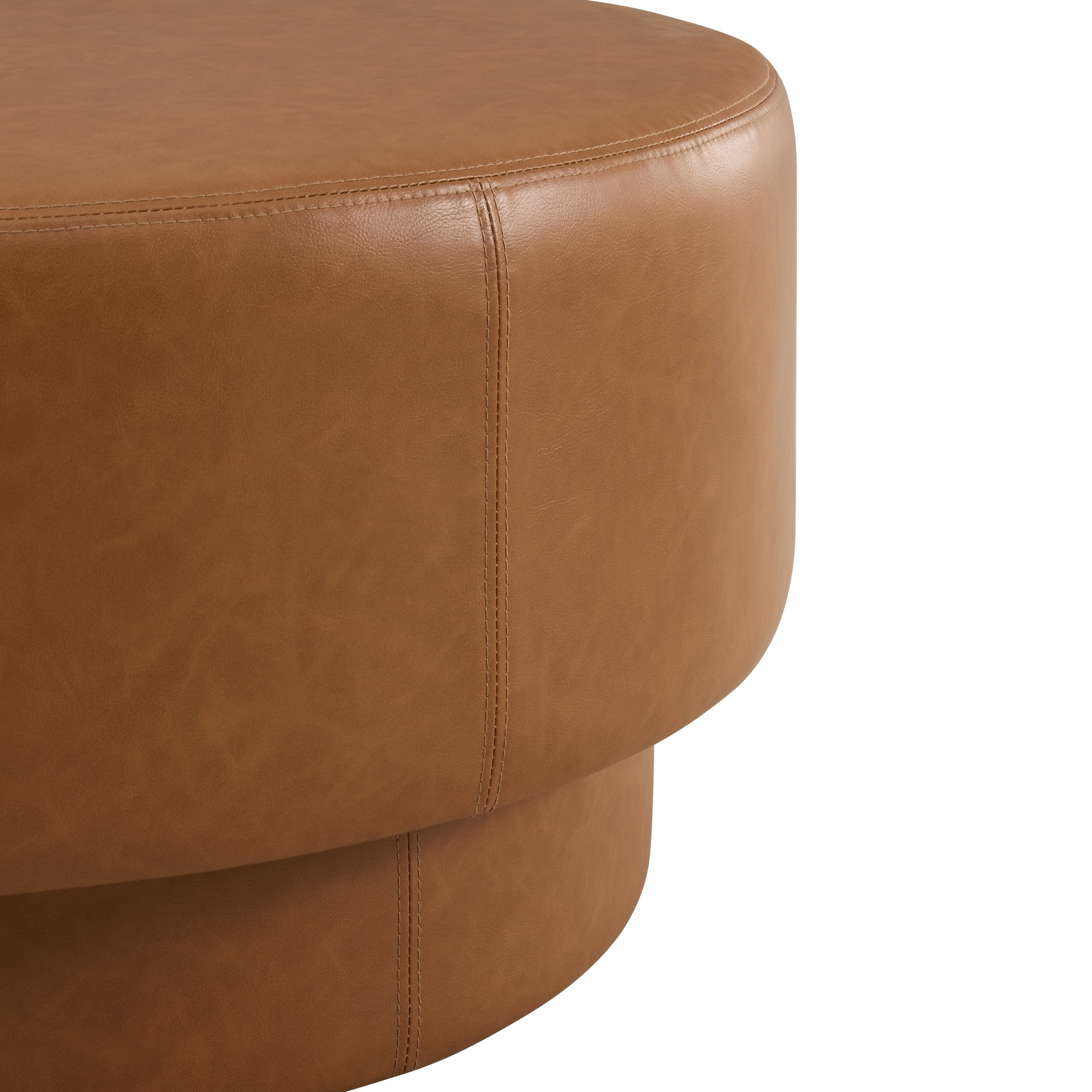 GARITIN Round Ottoman 33 Inch, Modern Double Deck Upholstered Footrest with Faux Leather Cover for Living Room, Brown