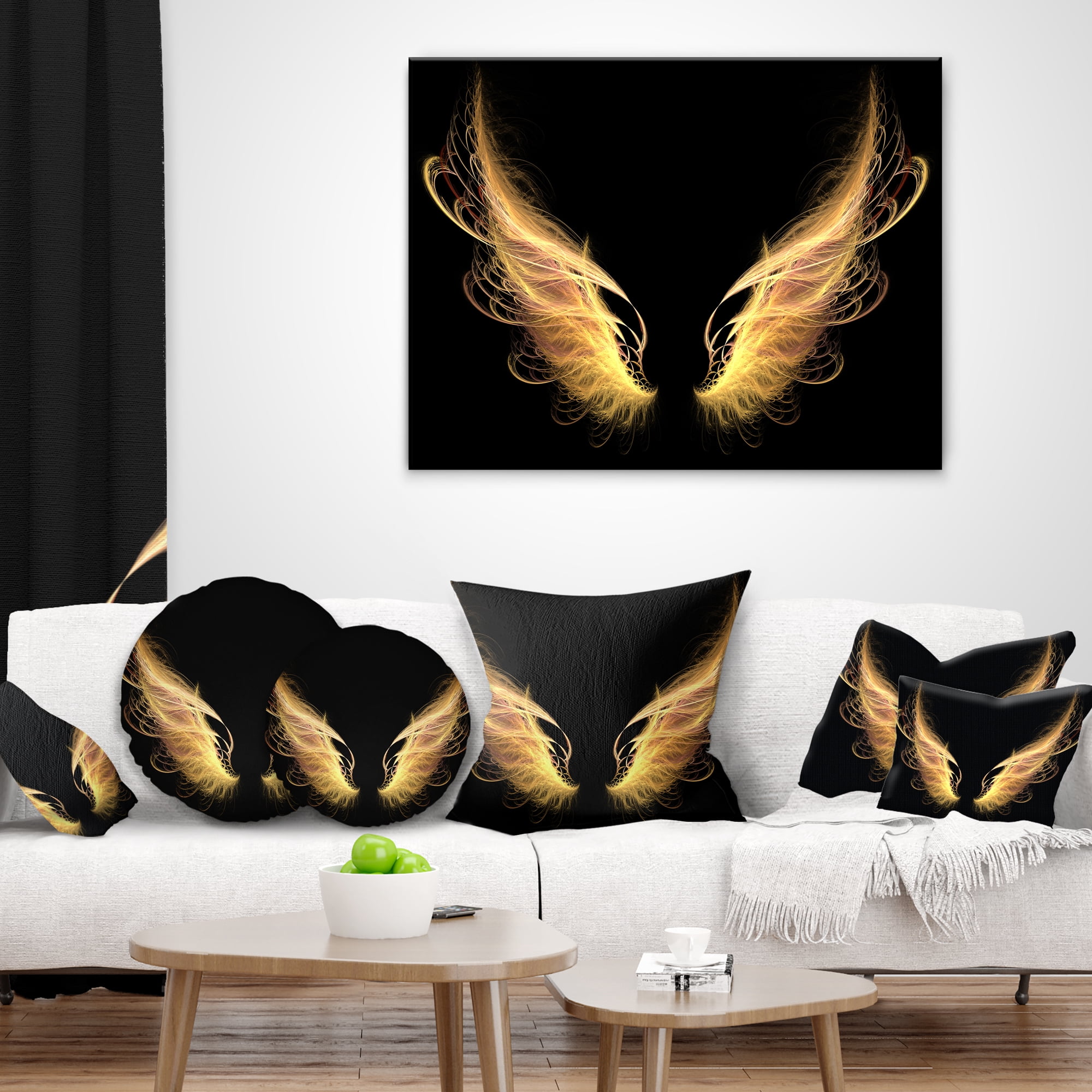 Designart Golden Angel Wings on Black - Abstract Throw Pillow - 18x18