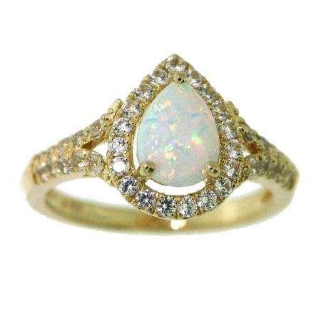 Sterling Silver with 14K yellow gold plating Lab Created Opal with Lab Created White Sapphire Pear-shaped Ring