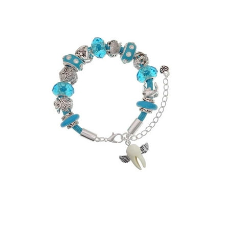 White Tooth with Wings - Tooth Fairy Hot Blue Summer Beach Bead Bracelet
