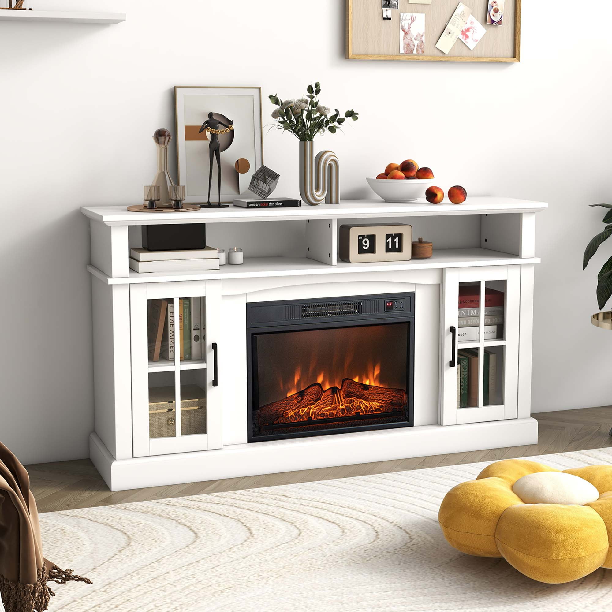 Costway 58" Fireplace TV Stand with 1400W Electric Fireplace for TVs up to 65 Inches White