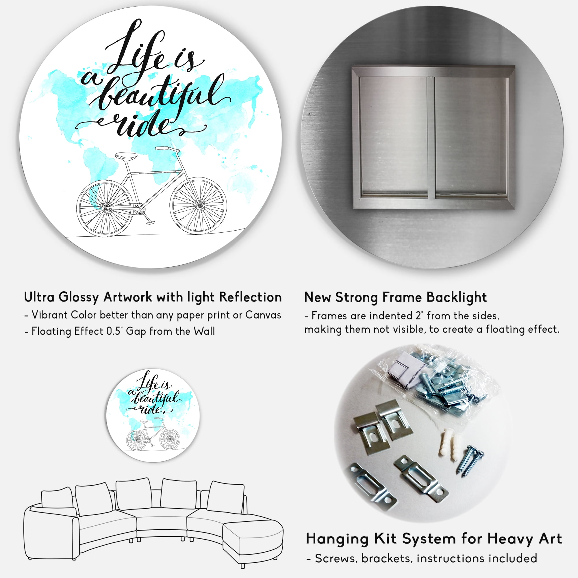 Designart 'Life Is A Beautiful Ride With Bicycle' Traditional Circle Metal Wall Art 36x36 - Disc of 36