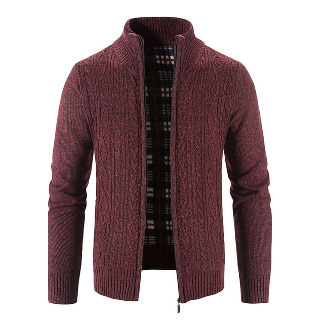 Mens Zip Up Knitted Cardigan Thick Sweater Stand Collar Fleece Lined
