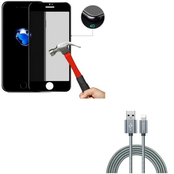 iPhone 7/8 PLUS Privacy Screen Protector w 6ft USB Cable - Tempered Glass Curved Anti-Spy Anti-Peep, Charger Cord Power Wire Braided for iPhone 8 PLUS/7 Plus
