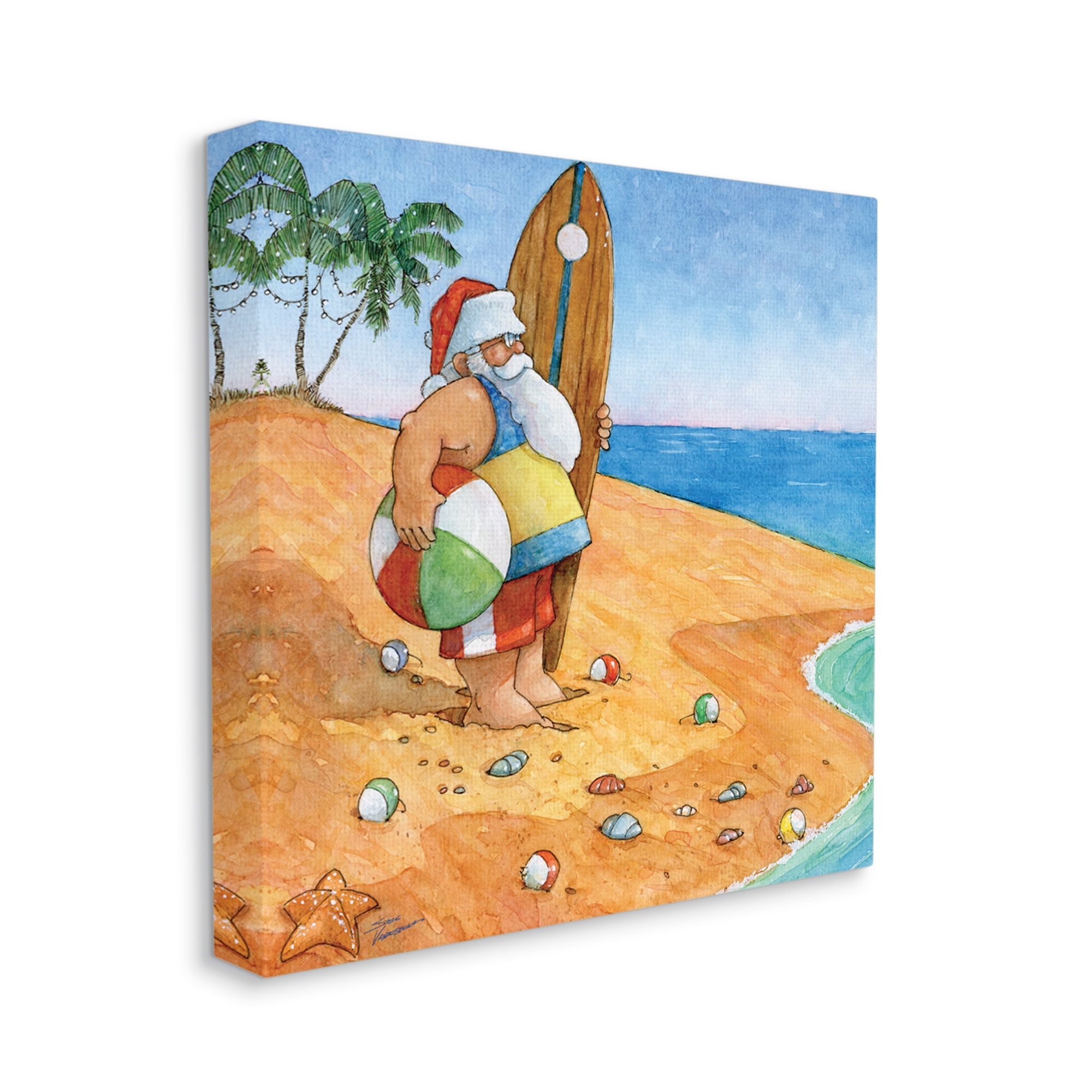 Santa Claus On Beach Surf Board Tropical Christmas Holiday Painting Gallery-Wrapped Canvas Print Wall Art