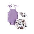 thumbnail image 2 of Yunliwuli Baby Girl Pants Suit, Casual Party Sleeveless Knitting Romper Shirt + Bull Animal Print Shorts + Headband, 2 of 10