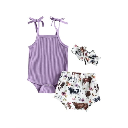 

Bagilaanoe 3pcs Newborn Baby Girl Short Pants Set Sleeveless Romper Tops + Shorts + Headband 3M 6M 12M 18M Infant Casual Summer Outfits