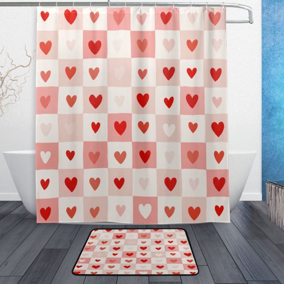 TTYFWHD 60" x 72" Shower Curtain and Bath Mat Set Sweetheart Grid Of Love Waterproof Bathroom Curtain with 12 Hooks, Bathroom Decor Set