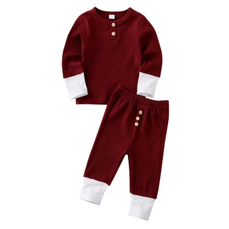 

SHIBAOZI Infant Baby Girl Boy 2Pcs Pajams Solid Color Long Sleeve T-Shirt Tops Leggings Pants Knitted Outfit Set