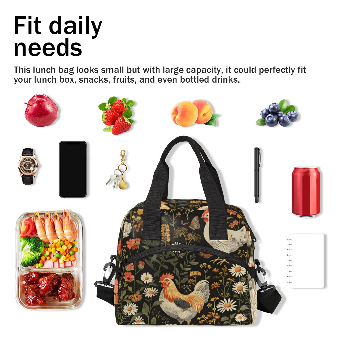 Herdesigns Chicken Cocks and Hens Rooster Insulated Lunch Bag for Women Men Adults Large Reusable Lunch Box Farm Animal Leakproof Cooler Tote Bags with Adjustable Shoulder Strap
