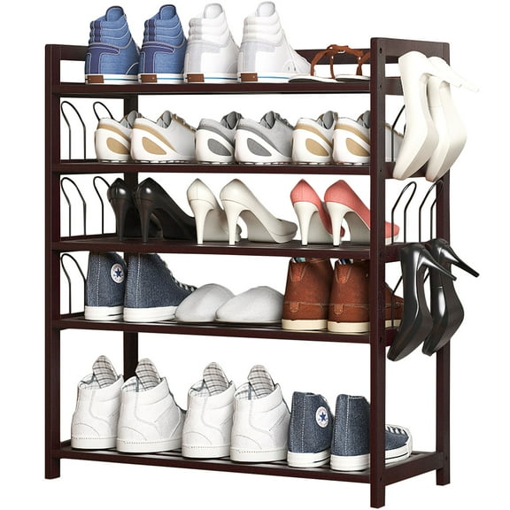 FDW 5 Tier Bamboo Shoe Shelf Storage Organizer With Additional hangers,Perfect for Entryway,Hallway,Bathroom Closet or Living Room (Brown)