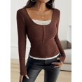 thumbnail image 4 of Lace Henley T-Shirts for Women Button Down Slim Fit Tops Long Sleeve V-Neck Tunic Top Blouse Brown XL, 4 of 9