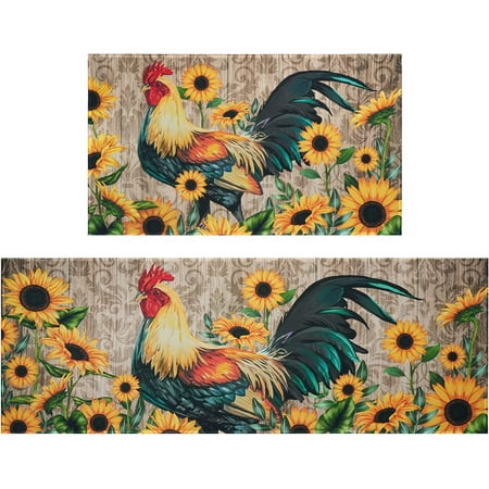 

Sunflower Chicken Kitchen Mat Rug Set of 2- Rooster Kitchen Rugs Sunflowers Kitchen Decor Accessories Things Kitchen Rug Mat- Farmhouse Rugs for Home Kitchen Large- 17x30 and 17x48 Inch