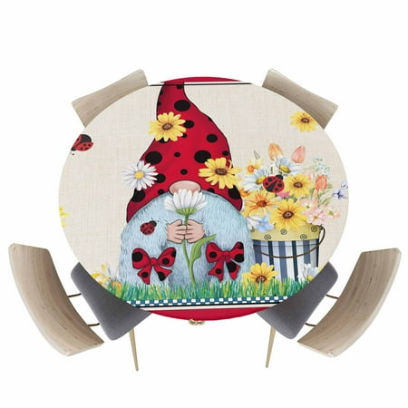 Round Fitted Tablecloth Red Dwarf Sunflower on Retro Circle Table Cover Waterproof Table Cloth with Elastic Edge Farmhouse Floral Leaves Outdoor Tablecloths for Kitchen Picnic 45-54in