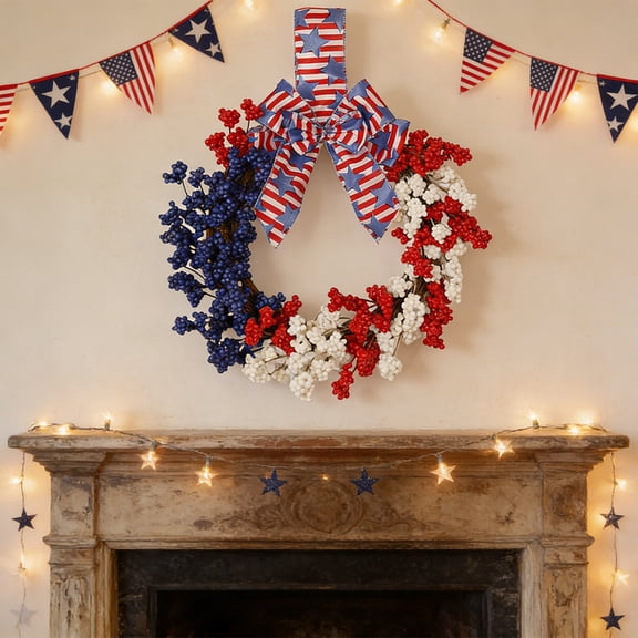 Rirozkan Patriotic Wreath for Front Door, Red White Blue Star Decor, Independence Day Wall Hanging, July 4th Swag, Table Centerpiece for Memorial Day Party