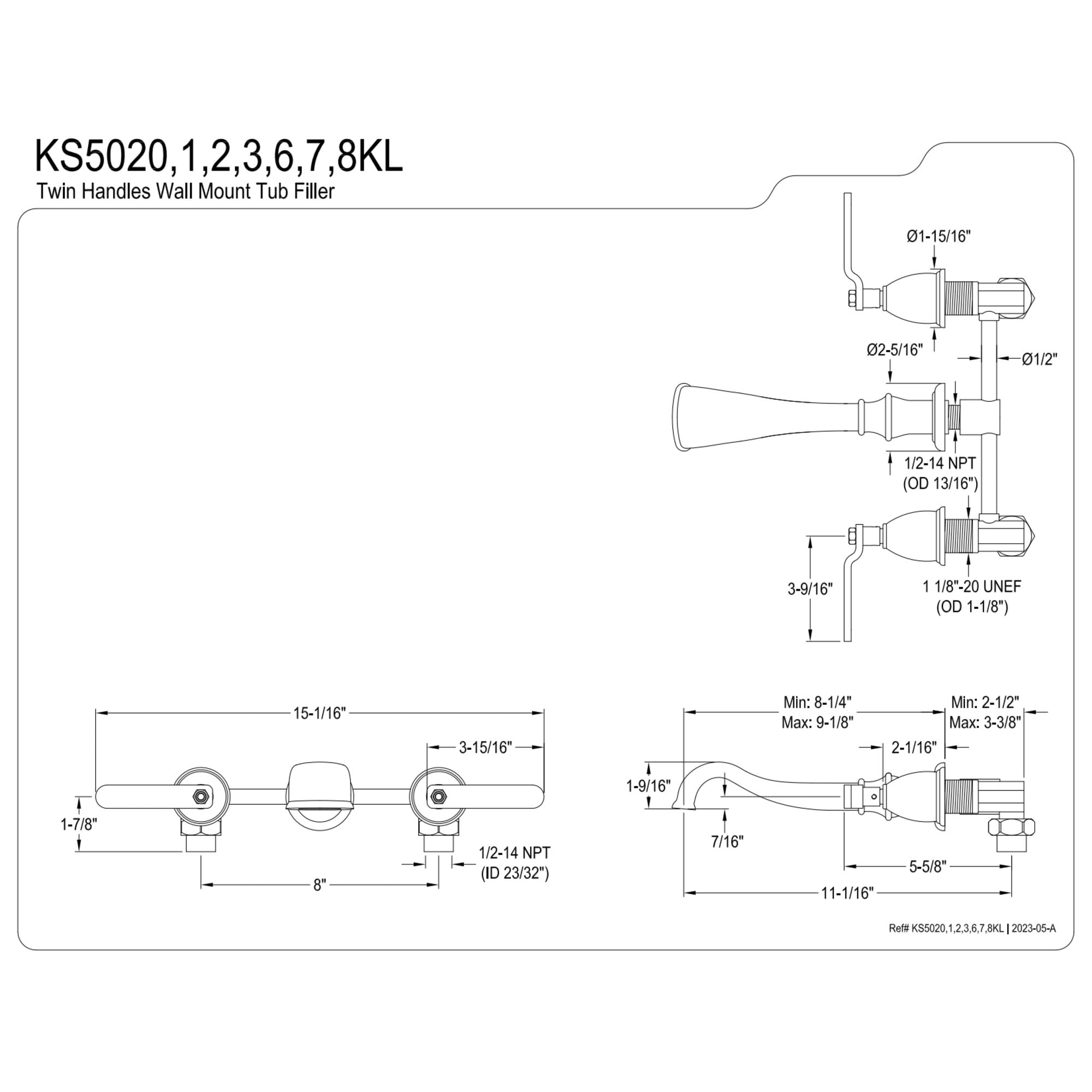 Kingston Brass KS5028KL Hallerbos Two-Handle Wall Mount Roman Tub Faucet, Brushed Nickel