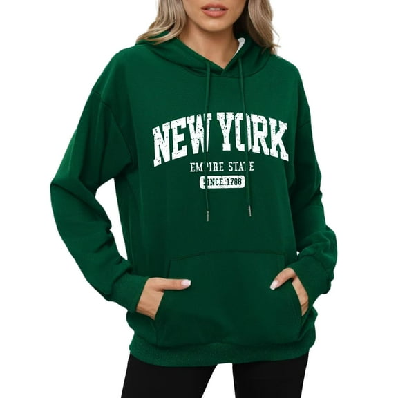 Hpapadks Hoodie Women Oversized Short Velvet City Print Long Sleeve with Pockets Hooded Sweatshirt for Women Dark Green L