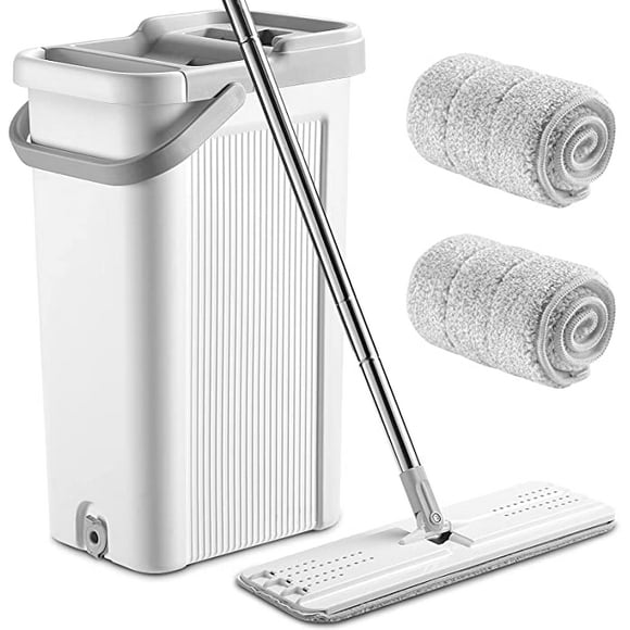 Flat Mop and Bucket Set, Self-Wash and Squeeze Dry Floor Mop with 2 Reusable Refills Stainless Steel Handle Household Mop Buckets For Hardwood Tile Laminate Floors