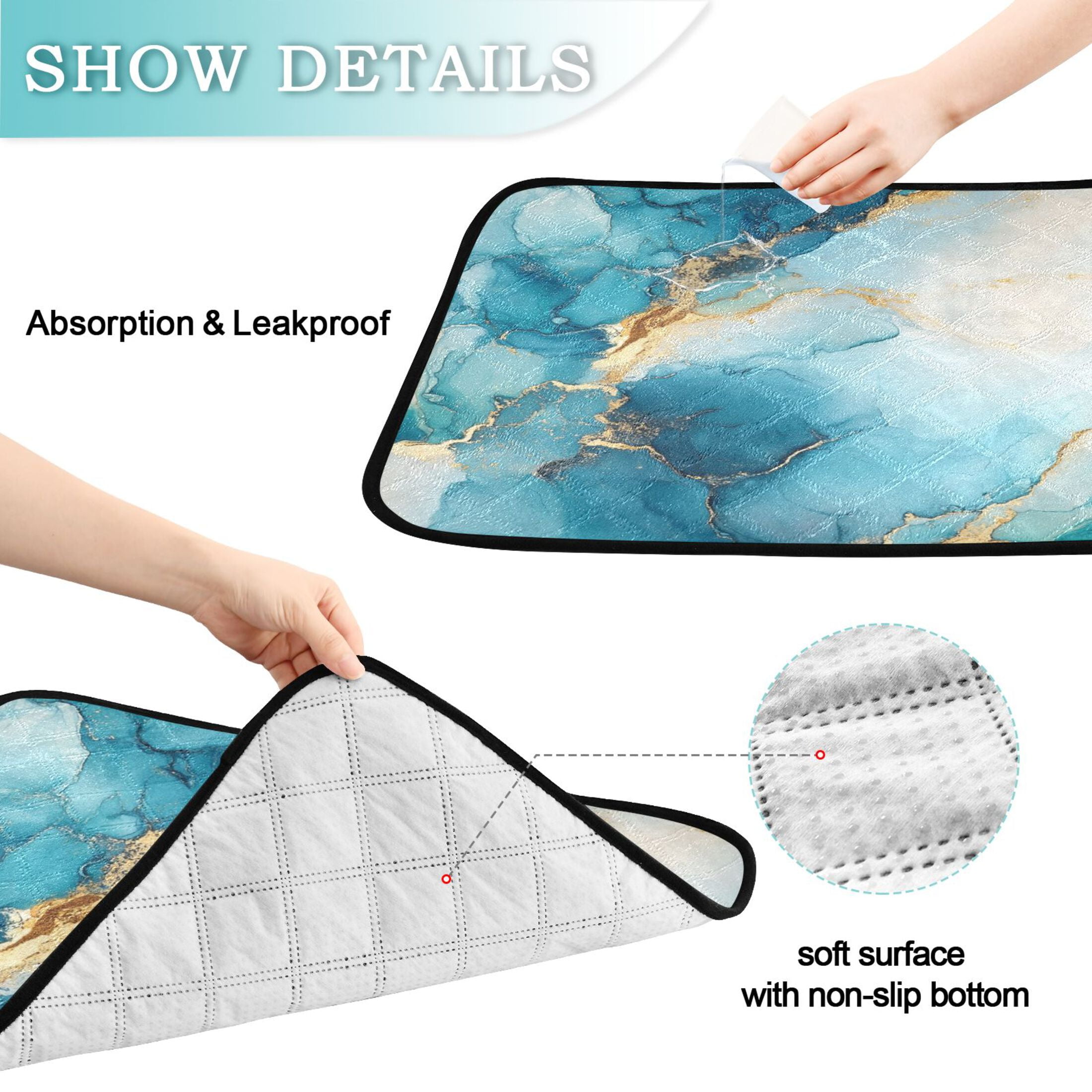 Qxltty Gilt Cyan Marble Cat litter Pads Pet Set of 2 Diaper Mats Center Anti-leakage Layer Absorbent Soft and Comfortable