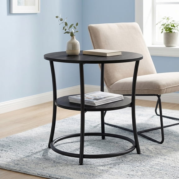 LEDREM Modern 2 Tier Round Accent Table, Reinforced Metal Frame Nightstand, Compact Circular Side Table with Storage, Space Saving, 66lb Capacity, Easy Assembly, Gray and Black